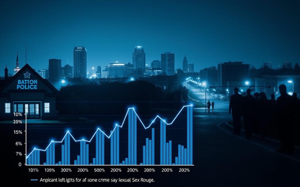 A Cityscape Of Baton Rouge At Night, With A Focus On A Police Station In The Foreground, Its Windows Illuminated Against The Dark Sky. In The Middle Ground, A Graph Depicting Local Sex Crime Statistics, The Data Points Glowing Softly. In The Background, Shadowy Figures Move Through Dimly Lit Streets, A Sense Of Unease Permeating The Atmosphere. The Scene Is Bathed In A Cool, Blue-Tinted Lighting, Creating A Somber, Serious Tone Befitting The Subject Matter. The Image Conveys The Weight And Gravity Of The Issue Of Sexual Assault In The Community, While Remaining Visually Striking And Compelling.