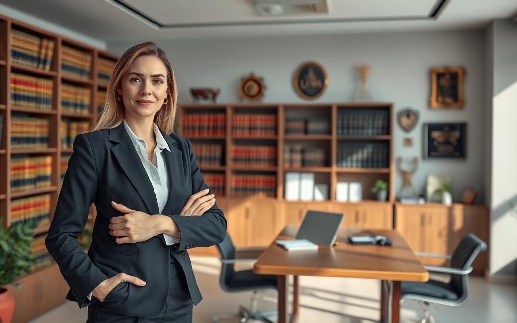 A Legal Office Interior With Modern, Clean Design. In The Foreground, A Female Lawyer In A Professional Suit Stands Confident, Her Expression Conveying Determination And Empathy. The Middle Ground Features A Client Consultation Table With Documents And A Laptop, Suggesting A Collaborative Meeting. The Background Showcases Bookshelves Filled With Legal Volumes, Along With Awards And Accolades On The Walls, Establishing The Lawyer'S Expertise And Credentials. Soft, Directional Lighting Casts Subtle Shadows, Creating A Professional And Trustworthy Atmosphere. The Overall Scene Conveys The Concept Of Legal Defense And Protection For Those In Need Of A Skilled Sexual Assault Attorney.