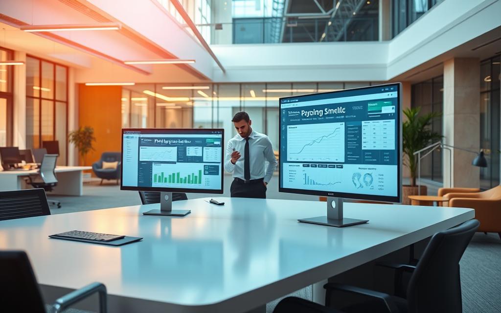 A Modern Office Interior With A Focus On A Large Desk Displaying Financial Data On Computer Screens. The Desk Is Situated In The Foreground, With A Bright, Well-Lit Atmosphere. The Middle Ground Features An Employee Reviewing The Data, While The Background Showcases The Corporate Environment With Sleek Furniture And Minimalist Decor. The Lighting Is Warm And Natural, Highlighting The Collaborative And Professional Atmosphere. The Overall Scene Conveys The Impact Of A Collective Bargaining Agreement On Payroll Processes Within A Thriving Business.