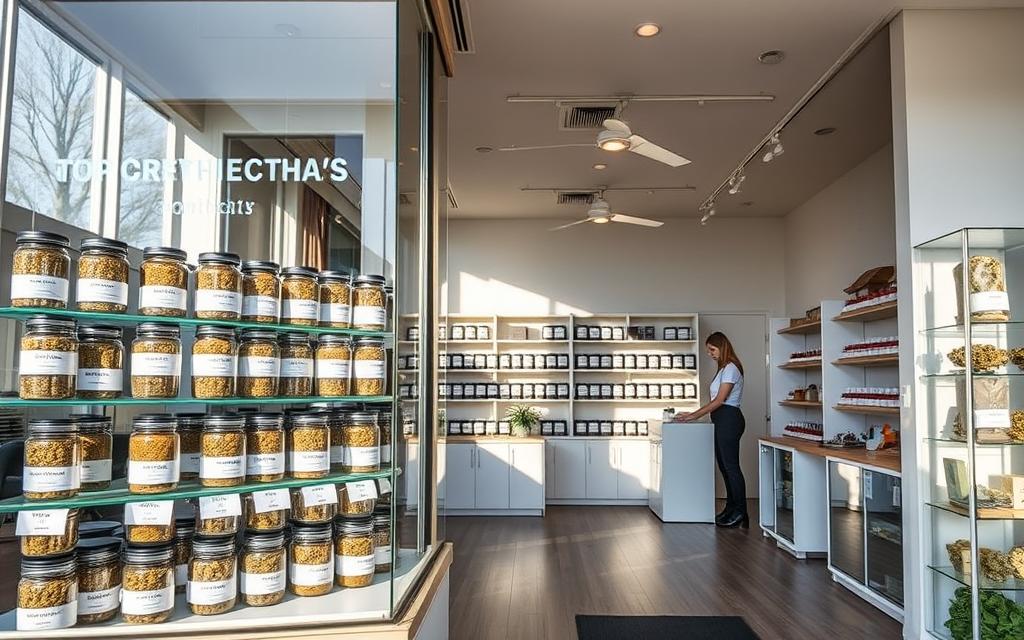 A Modern, Well-Lit Storefront Of A Certified Thca Flower Retailer In Georgia. The Display Window Showcases An Array Of Premium, Carefully Curated Thca Flower Strains, Each Jar Meticulously Labeled With Strain Names And Thc/Thca Content. The Interior Of The Shop Is Clean, Minimalist, And Inviting, With Knowledgeable Staff Ready To Assist Customers. Sunlight Streams In Through Large Windows, Casting A Warm, Natural Glow Over The Neatly Arranged Shelves And Display Cases. The Overall Atmosphere Exudes Professionalism, Quality, And A Commitment To Provide Safe, Legal Access To Thca Products For The Local Community.