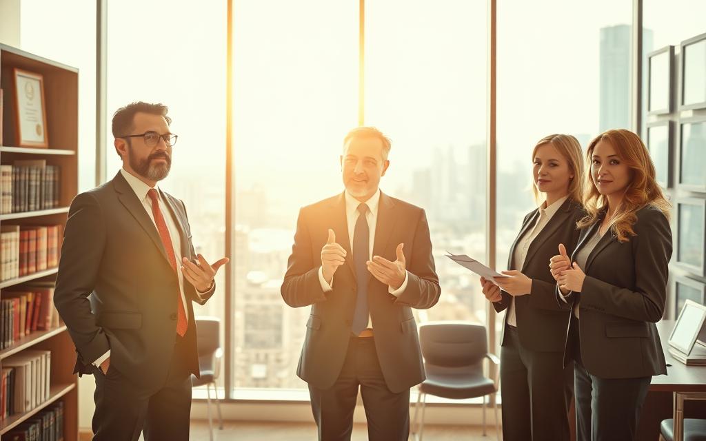 A Team Of Confident, Experienced Attorneys Standing In A Sun-Drenched Law Office. In The Foreground, Three Professionals In Business Attire - A Man And Two Women - Gesturing Animatedly As They Discuss Case Details. Bookshelves And Framed Awards Line The Middle Ground, Conveying Expertise And Professionalism. The Background Features Large Windows Overlooking A Bustling City Skyline, Suggesting A Well-Established, Successful Practice. Warm Lighting Casts A Sense Of Competence And Reliability, While The Poses And Expressions Of The Legal Team Convey An Air Of Determination And Client-Focused Dedication.