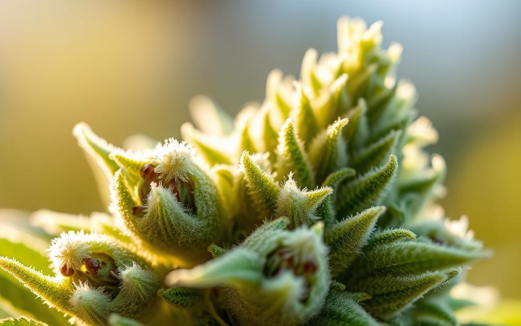 A Vibrant Close-Up Of A Thca-Rich Cannabis Flower In Natural Sunlight, Capturing The Intricate Trichome Structure And Lush Green Hues. The Foreground Showcases The Delicate, Frosty Buds In Stunning Detail, While The Background Features A Soft, Hazy Blur, Creating A Sense Of Depth And Focus. The Lighting Is Warm And Diffused, Casting A Gentle Glow On The Flower'S Surface And Highlighting Its Alluring Resinous Qualities. The Overall Composition Conveys The Potent And Complex Nature Of Thca, Inviting The Viewer To Explore Its Unique Chemical Composition And Potential Effects.