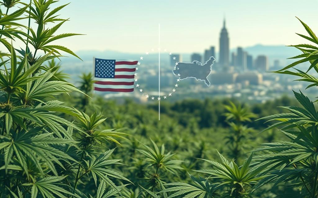 Detailed Illustration Depicting The Legal Landscape Of Hemp Regulations In The United States, Showcasing The Contrast Between Federal And State Laws. In The Foreground, Crisp And Realistic Depictions Of Hemp Leaves And Plants, With A Clean, Well-Lit Composition. In The Middle Ground, A Clear Visual Representation Of The Division Between Federal And State Regulations, Using Symbolic Icons Or Graphic Elements. In The Background, A Subtle But Striking Cityscape Or Landscape, Hinting At The Broader Context And Setting. The Overall Mood Should Convey A Sense Of Balance, Clarity, And Technical Precision, Guiding The Viewer'S Understanding Of This Complex Legal Topic.