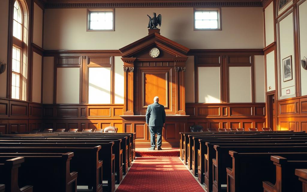 A Courtroom Interior Bathed In Warm, Neutral Lighting, With Sunlight Streaming Through Large Windows. In The Foreground, A Judge'S Bench Adorned With Intricate Woodwork, Standing Tall And Commanding. At The Center, A Defendant In A Tailored Suit Stands Before The Bench, With A Defense Attorney By Their Side, Engaged In A Serious Discussion. In The Background, Rows Of Wooden Benches Fill The Room, Creating A Sense Of Anticipation And Solemnity. The Atmosphere Is One Of Gravity And Importance, Reflecting The Significance Of The First Court Date Proceedings.