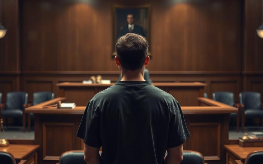A Dimly Lit Courtroom Setting, With A Wooden Desk At The Center, Representing The Judge'S Bench. On The Desk, A Gavel And A Stack Of Documents, Symbolizing The Legal Proceedings. In The Foreground, A Defendant Stands Facing The Judge, Their Expression Serious And Contemplative, Conveying The Gravity Of The Situation. Behind The Defendant, A Row Of Chairs For The Audience, Hinting At The Presence Of Others Involved In The Case. The Overall Atmosphere Is One Of Solemnity And Tension, As The Defendant Considers Their Rights And Plea Options. Soft, Warm Lighting Illuminates The Scene, Creating A Sense Of Focus And Importance.