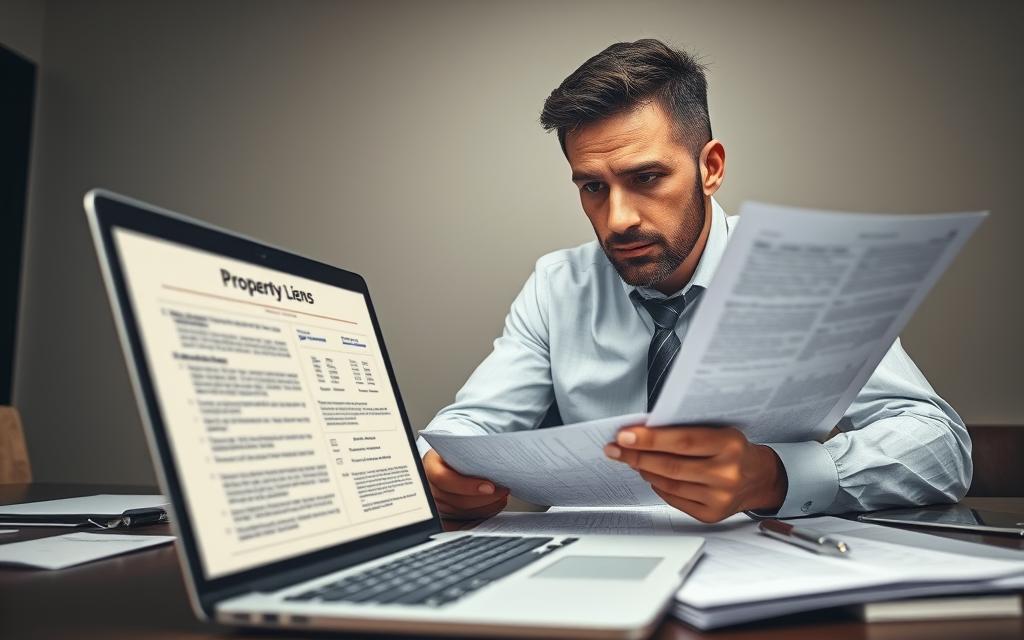 A Real Estate Agent Navigates A Complex Web Of Property Liens, Analyzing Legal Documents And Financial Records Under Bright Studio Lighting. In The Foreground, A Laptop Displays Detailed Lien Information, While In The Middle Ground, The Agent Pores Over Paperwork, Brow Furrowed In Concentration. The Background Features A Muted, Professional Office Setting, Emphasizing The Gravity And Technicality Of The Task At Hand. The Scene Conveys The Careful, Analytical Process Of Understanding And Resolving Liens During A Home Sale Or Financing, With A Tone Of Seriousness And Attention To Detail.