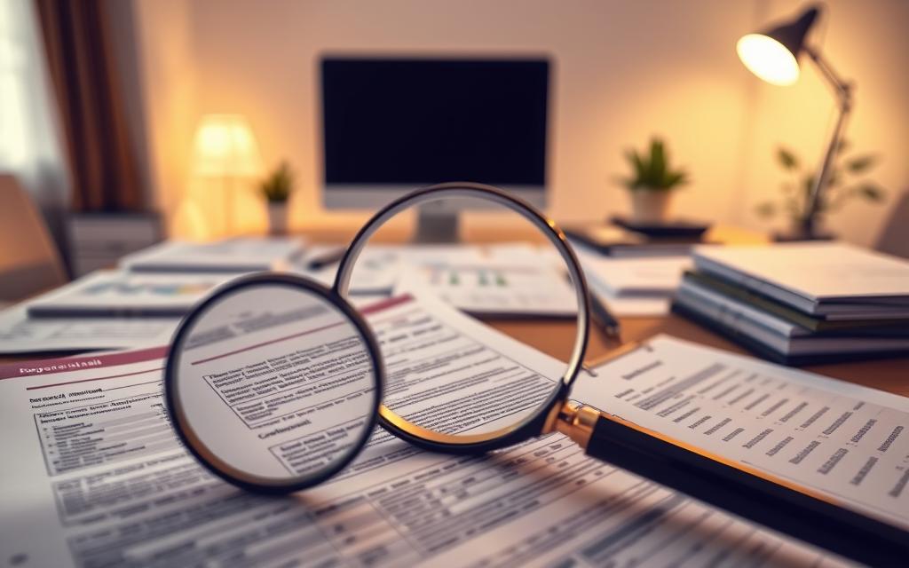 A Well-Organized, Meticulously Detailed Image Showcasing The Identification Of Property Liens. In The Foreground, A Magnifying Glass Closely Examines Official Documents, Revealing Detailed Legal Information. In The Middle Ground, A Desk Cluttered With Paperwork, Spreadsheets, And A Desktop Computer, Conveying The Research And Analysis Required. The Background Depicts A Serene, Softly Lit Office Setting, Adding A Sense Of Professionalism And Focus. Warm Lighting Casts A Subtle Glow, Creating A Contemplative Atmosphere. The Overall Composition Emphasizes The Importance Of Thoroughly Investigating And Understanding The Complexities Of Property Liens.