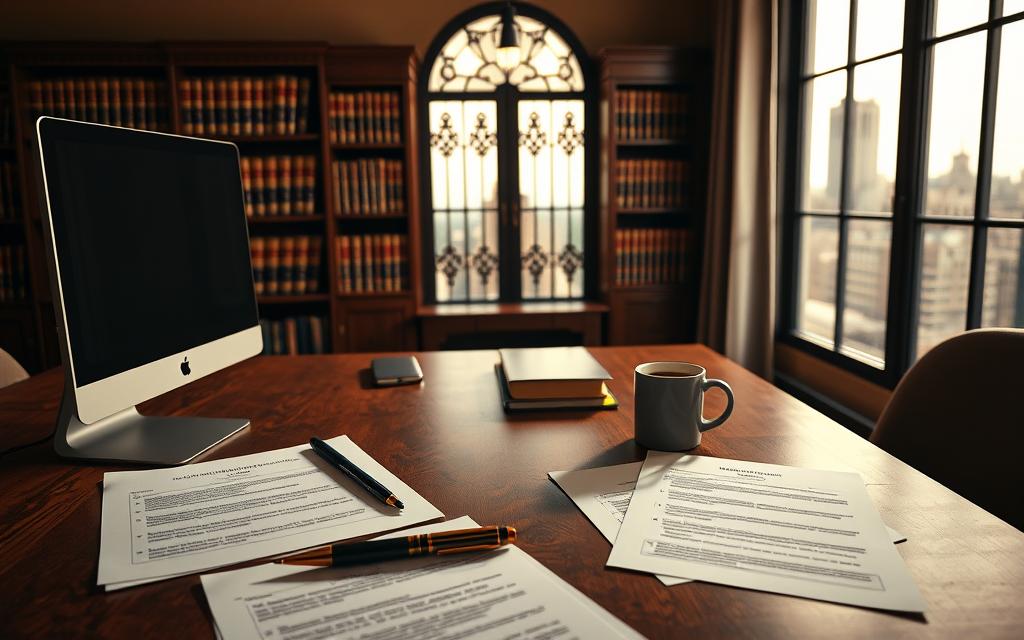 Detailed Legal Arraignment Preparation Checklist Against A Warm-Toned, Dimly Lit Office Backdrop. Centered On A Wooden Desk, With A Desktop Computer, Legal Documents, A Pen, And A Cup Of Coffee In The Foreground. Soft Directional Lighting Casts Subtle Shadows, Creating A Contemplative Atmosphere. The Middle Ground Features A Bookshelf Filled With Legal Tomes, Adding A Sense Of Authority. In The Background, An Ornate Window Overlooks A Cityscape, Hinting At The Gravity Of The Legal Proceedings. The Overall Composition Conveys A Well-Organized, Professional Setting Where Crucial Arraignment Preparation Is Taking Place.